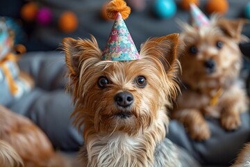 A playful terrier pup adds a touch of whimsy to the party with its adorable brown hat, making it the life of the celebration as the ultimate furry companion
