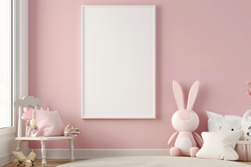 interior of kid room with mock up poster frame, design furnitures, natural toys,