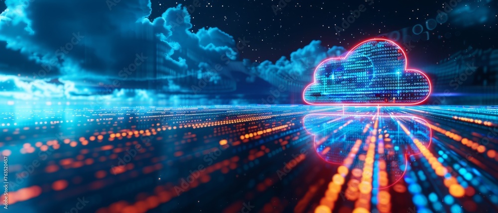 Poster abstract digital background with cloud technology and binary code, representing the power of cloud i