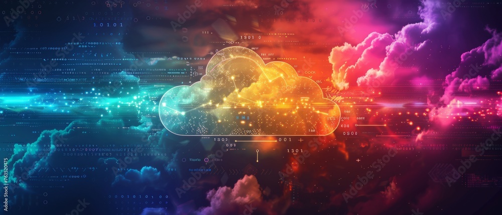 Poster abstract digital background with cloud technology and binary code, representing a data transfer conc