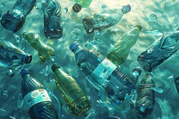 A bunch of plastic bottles floating in the ocean. The bottles are mostly clear and blue, but some are green. The scene is a reminder of the impact of plastic waste on the environment - obrazy, fototapety, plakaty