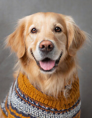 Lächelnder fröhlicher Golden Retriever Hund mit warmen Pullover aus Wolle - obrazy, fototapety, plakaty