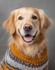 Foto op Plexiglas Lächelnder fröhlicher Golden Retriever Hund mit warmen Pullover aus Wolle © Tim B.