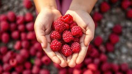  little kids hands hold raspberries, top view