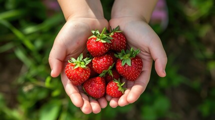  little kids hands hold strawberries, top view