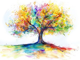 Obraz na płótnie Canvas A vibrant painting of a tree with colorful leaves against a plain white background