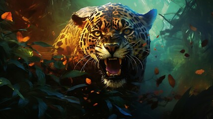 Roaring Majesty: A Powerful Jaguar Commands Attention Amidst the Wilderness - obrazy, fototapety, plakaty