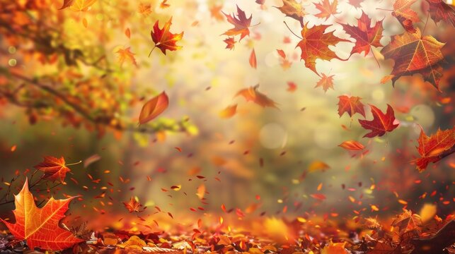 A beautiful autumn scene with leaves falling from trees. The leaves are scattered all over the ground, creating a colorful and serene atmosphere