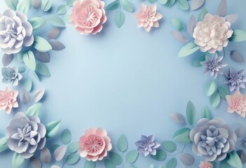 Circular framing of pastel-colored paper flowers and leaves on a soft blue background with copy space