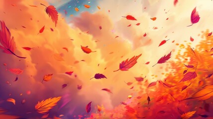 Obraz premium A painting of a sky with leaves falling from it. The leaves are scattered all over the painting, creating a sense of movement and chaos. The sky is filled with clouds