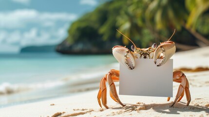 crab holding an empty poster in its claws with a beautiful tropical beach background - obrazy, fototapety, plakaty