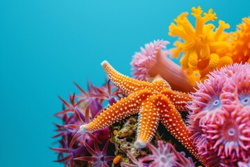 close-up beautiful starfish blue background
