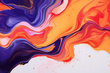 Vibrant and abstract background featuring fluid art. Trendy neon gradient in orange with a marble effect in purple, orange and blue. A stylish backdrop for websites, postcards, and notebooks.