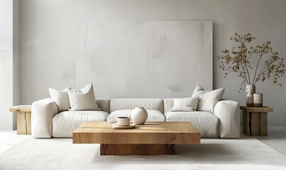 A minimalist modern living room with a wooden coffee table and a sleek white sofa