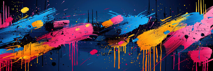 Abstract banner background of the maximalist design trend of the year in bright colors on a dark background. Strokes of paint.