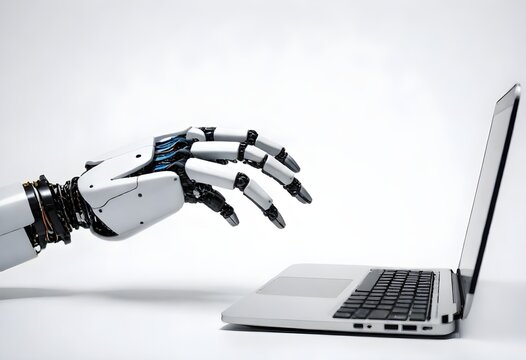 A robotic hand reaching out towards an open laptop on a white background