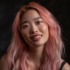 Fototapeta premium Embrace the ethereal beauty in this skincare portrait of a cheerful 20-year-old Asian model displaying pink hair. Against a soft backdrop, with a luminous filter effect and ambient studio lighting
