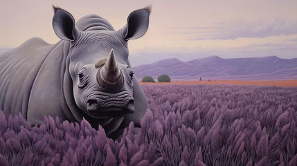 Stickers pour porte Lavende Rinoceronte em um campo de lavanda - Papel de parede