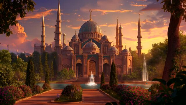 Grand mosque with magnificent garden at sunset. seamless looping 4k time-lapse video background