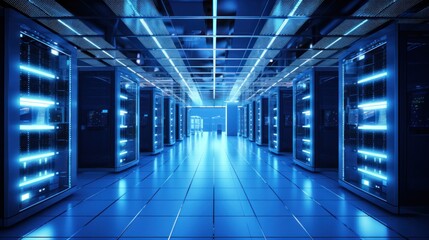 Obraz premium Depict a state of the art data center with rows of server racks, cooling systems, and redundant power supplies