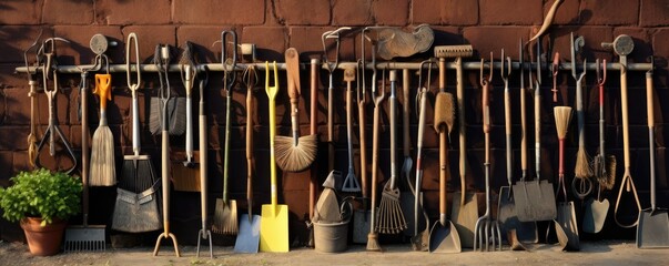 An organized row of cleaning tools lined up against an exterior wall, ready for maintenance work - obrazy, fototapety, plakaty