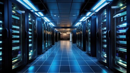 Obraz premium Depict a state of the art data center with rows of server racks, cooling systems, and redundant power supplies