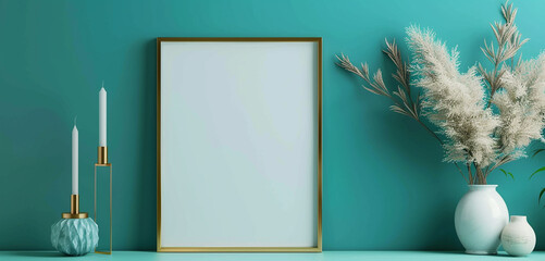 A modern gold frame mockup on a vibrant teal background, striking a balance between elegance and...