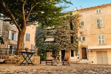 mediterranean style houses in the city center of Saint Tropez, a beautiful town on the coast of the french riviera and a popular travel destination.