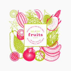 Tropical Fruit Design Template. Vector Hand Drawn Exotic Fruit Banner. Vintage Style Menu Illustration. - 763522634