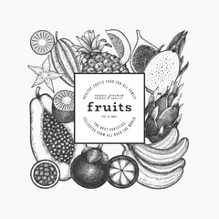 Tropical Fruit Design Template. Vector Hand Drawn Exotic Fruit Banner. Vintage Style Menu Illustration. - 763522636