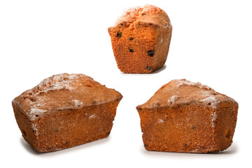 A cupcake with raisins isoalted on a white background.