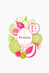 Tropical Fruit Design Template. Vector Hand Drawn Exotic Fruit Banner. Vintage Style Menu Illustration. - 763522649