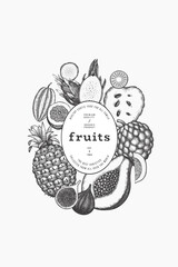 Tropical Fruit Design Template. Vector Hand Drawn Exotic Fruit Banner. Vintage Style Menu Illustration. - 763522651