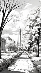 Black and White Illustration of Park with Monument

