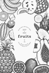 Tropical Fruit Design Template. Vector Hand Drawn Exotic Fruit Banner. Vintage Style Menu Illustration. - 763522657