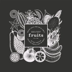 Tropical Fruit Design Template. Vector Hand Drawn Exotic Fruit Chalk Board llustration. Vintage Style Menu Illustration. - 763522664