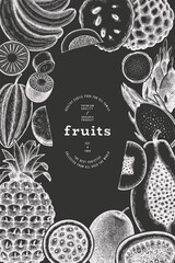 Tropical Fruit Design Template. Vector Hand Drawn Exotic Fruit Chalk Board llustration. Vintage Style Menu Illustration. - 763522669
