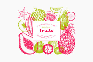 Tropical Fruit Design Template. Vector Hand Drawn Exotic Fruit Banner. Vintage Style Menu Illustration. - 763522671