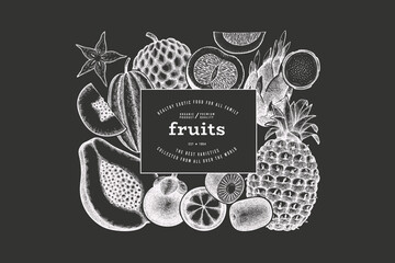 Tropical Fruit Design Template. Vector Hand Drawn Exotic Fruit Chalk Board llustration. Vintage Style Menu Illustration. - 763522698