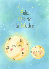Felicitación Día de la Madre, ilustración infantil de la Luna en acuarela y grafito digital. Textura fondo de cielo estrellado.