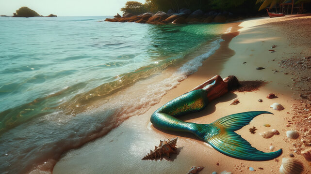 Mermaid Sunbathing on Secluded Shore with Shimmering Tail 4k Wallpaper Fantasy Background