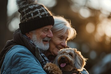 A couple braves the winter weather to take their beloved brown dog for a walk, with the woman tenderly holding onto the pup as they enjoy the great outdoors - obrazy, fototapety, plakaty