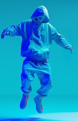 Vibrant 3D rendered faceless person in dynamic jump in blue hoodie and colorful abstract background.