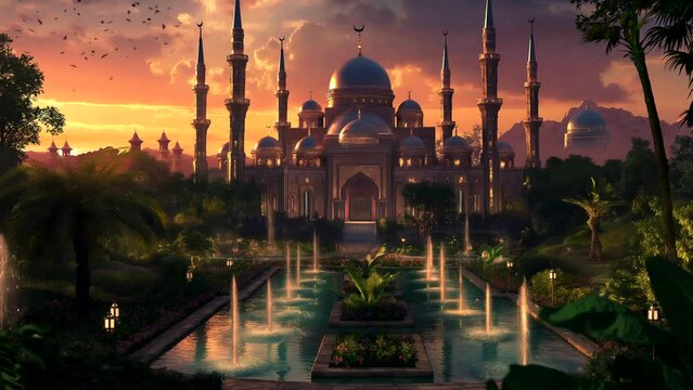 Grand mosque with magnificent garden at sunset. seamless looping 4k time-lapse video background