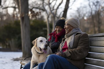 A couple and their dog enjoy a snowy winter day sitting on a bench under a tree in the park