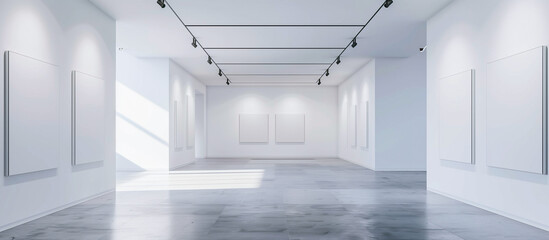 exhibition showroom. white modern room with various frames mock up with spotlight lighting. 