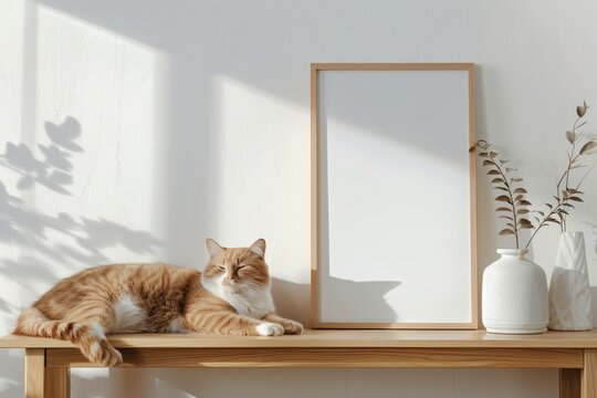 Frame or Poster mock up in living room and cat with window shadow on white wall background.