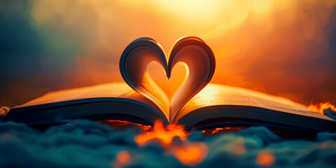 Book with pages folded intoa heart against against warm bokeh background. Love for  literature and...