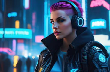 Vibrant cyberpunk vibe with a stylish woman in neon cityscape.