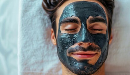 Man Relaxing with a Charcoal Facial Mask Treatment. Generative ai